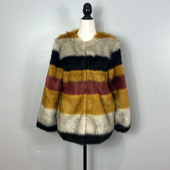 Zara Basic Outerwear Faux Fur Gold, Grey, Black & Wine Striped Jacket - Picture 4 of 17